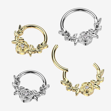 Detail View 1 of Implant Grade Titanium Golden Vintage Rose and Vines Clicker Hoop Ring